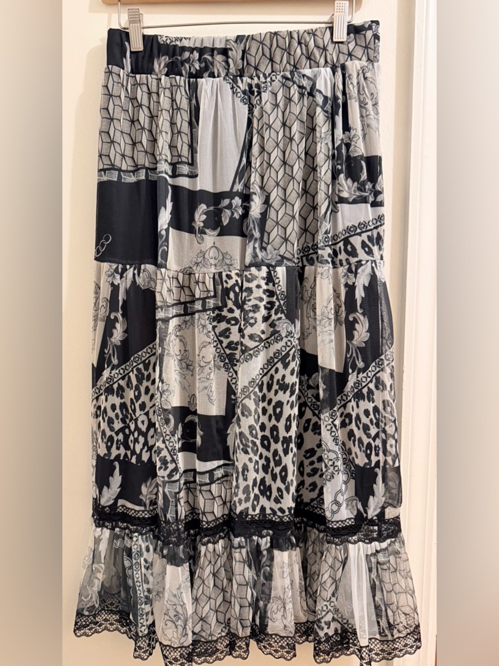 Lapis Black and White Patchwork Maxi Skirt